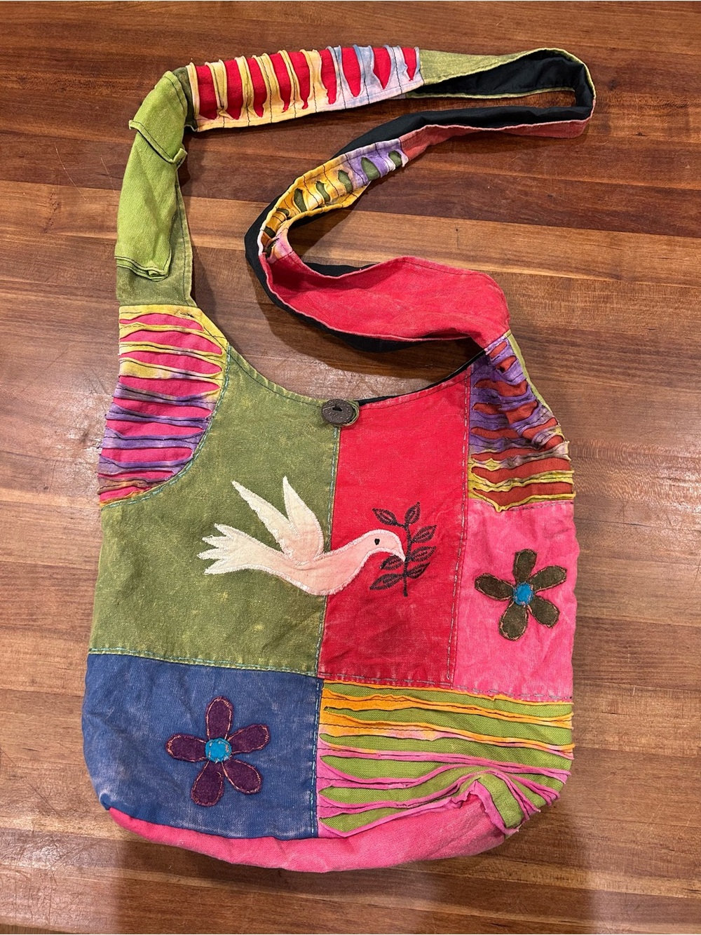 Boho patchwork sling hobo bag peace dove handmade artisan embroidered